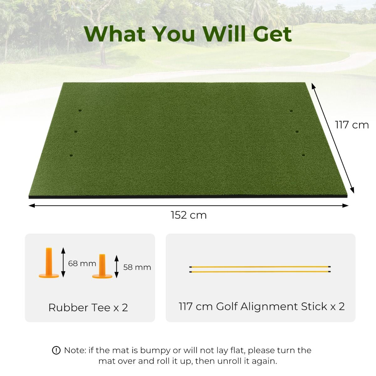 20 Mm Golf Hitting Mat Includes 2 Rubber Tees and 2 Alignment Sticks