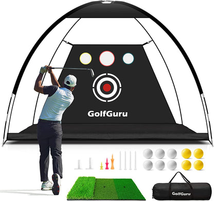 Golf Net, 10X7Ft All in 1 Golf Practice Net with XL Tri-Turf Golf Mat, Impact Target, 10 Golf Balls, 7 Golf Tees, 2 Rubber Golf Tees, Carry Bag, Golf Net for Backyard Driving Chipping Indoor